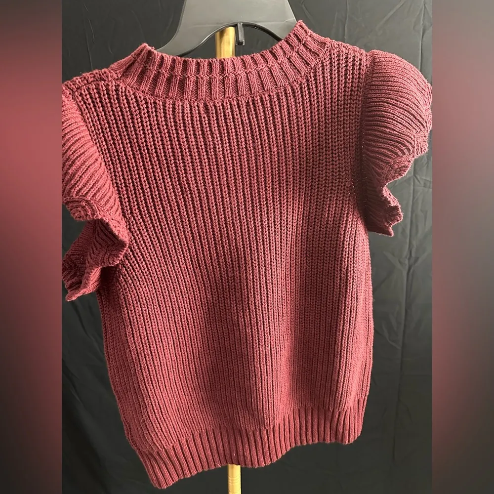 Newberry Kustom Short Sleeve Ruffle Knit Sweater Burgundy Medium - Image 4