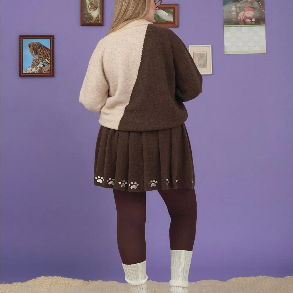 Kina and Tam The Paws Pleat Skirt Brown Dog Paw Wool Blend Womens Size XXL - Image 3