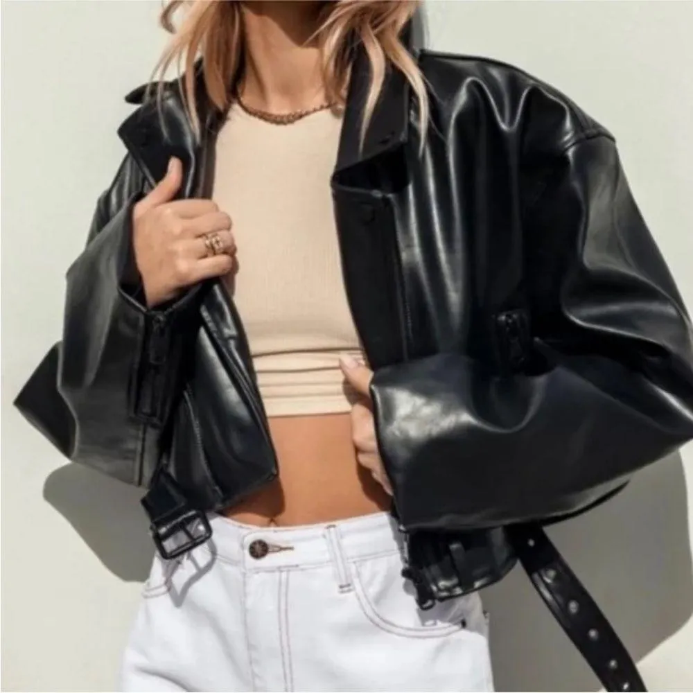 Princess Polly Cropped Belted Leather Jacket - Image 2