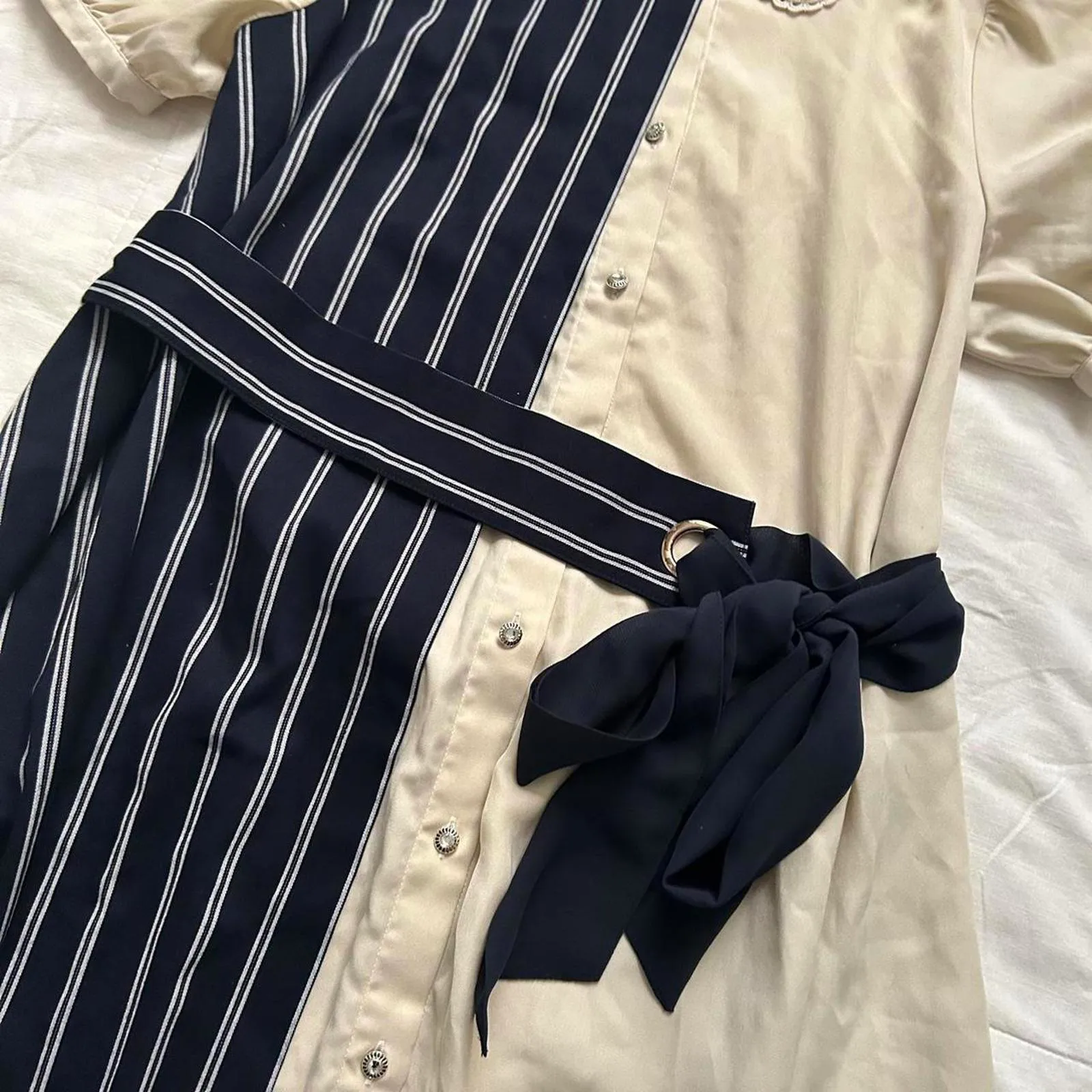 Axes Femme Poetique Cream navy striped midi dress removable belt Size medium Blue - Image 2