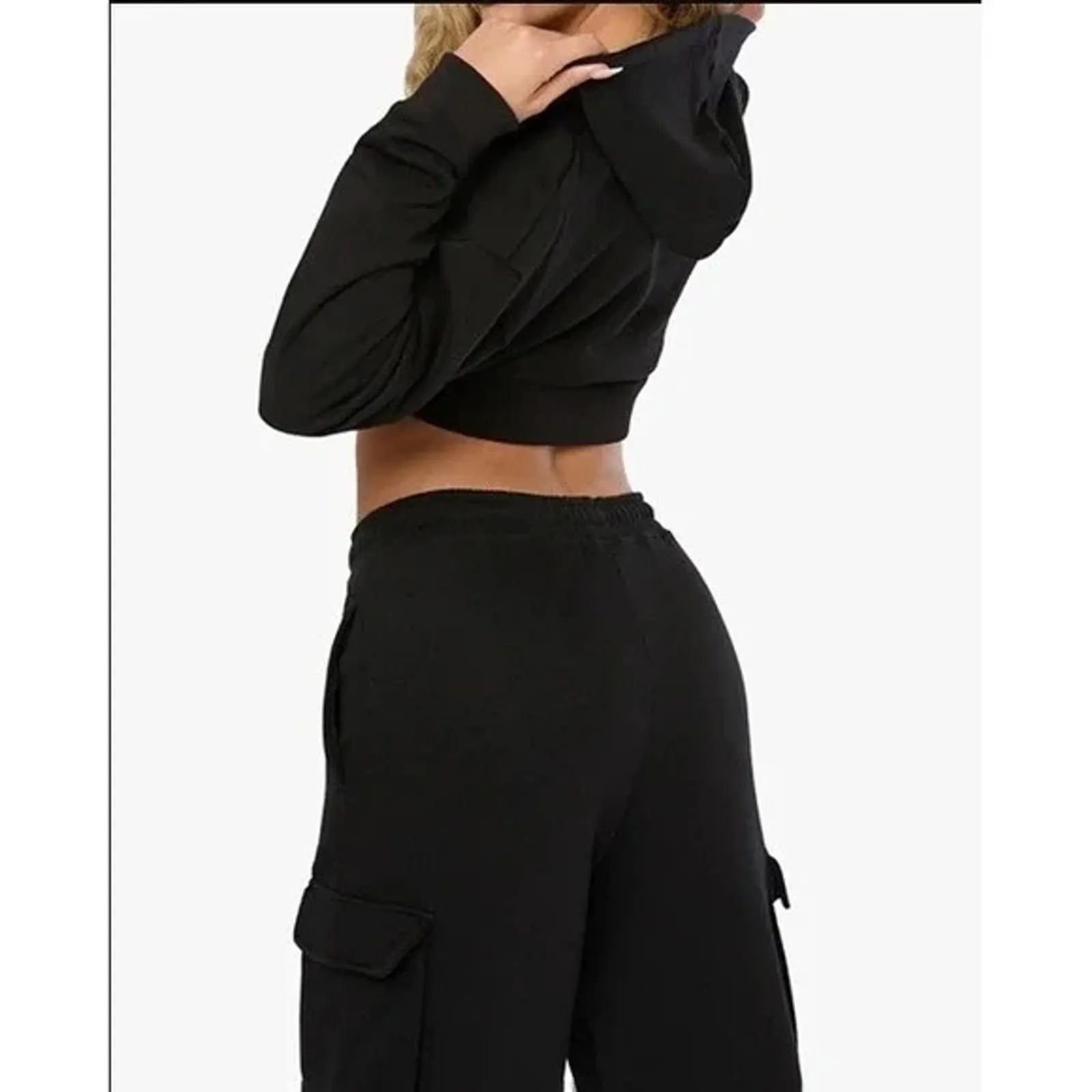 NWT WeWoreWhat Cropped Half Zip Fleece Cotton Hoodie Long Sleeve XS Black #4296 - Image 5