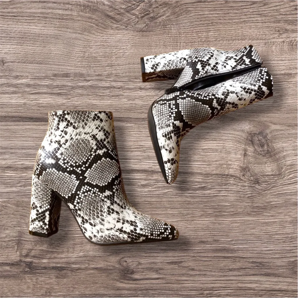 Lulus Ottava Black and White Snake High Heel Booties Size 8 - Image 2