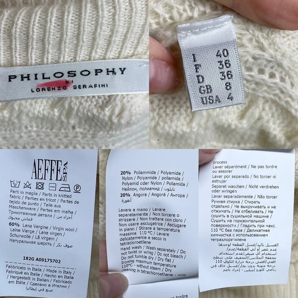 PHILOSOPHY DI LORENZO SERAFINI Pearl Embellished Cable Knit Boxy Sweater Size 4 White - Image 15