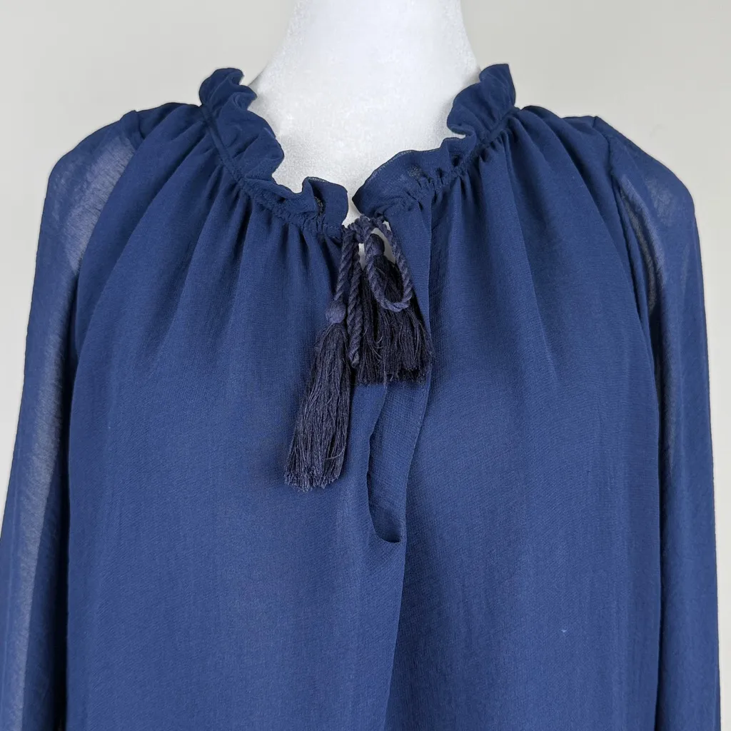 Misa Los Angeles Long Sleeve Ruffle Navy Blouse Top Tassels Size Small - Image 2