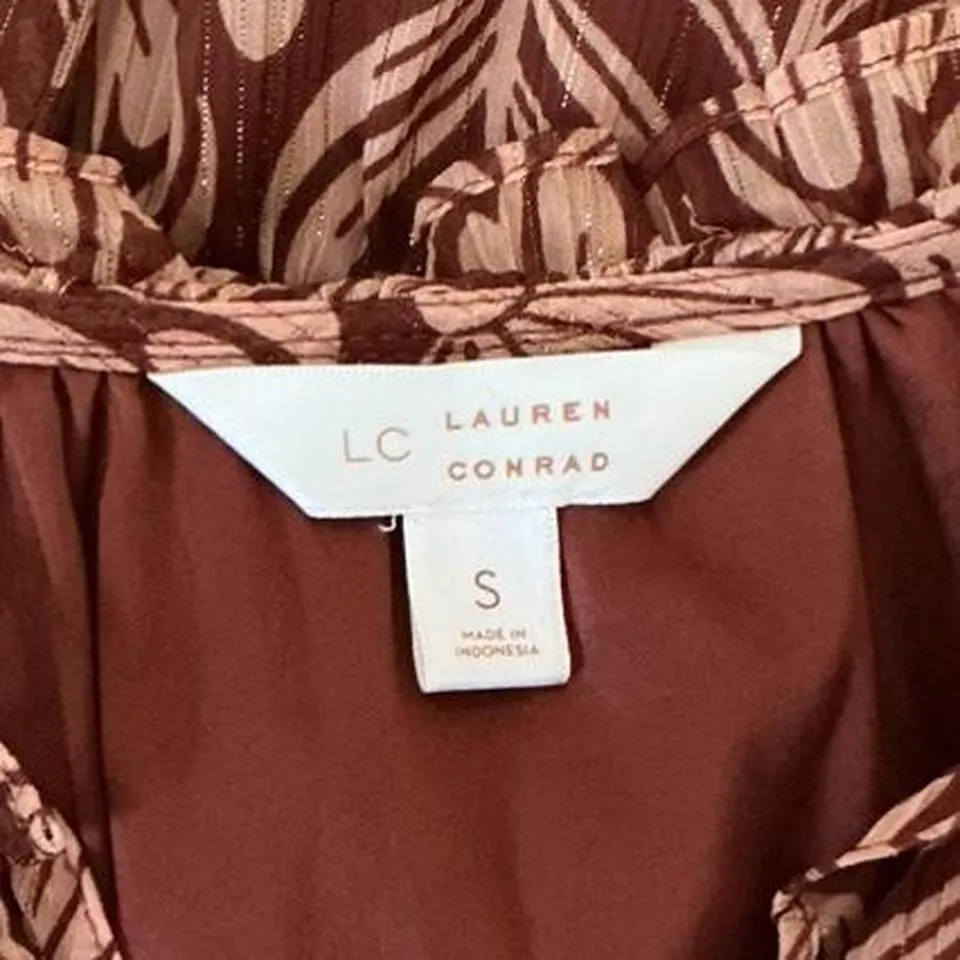 Ruffle Neck Long‎ Sleeve Sheer Mini Dress Brown Patterned - Image 4