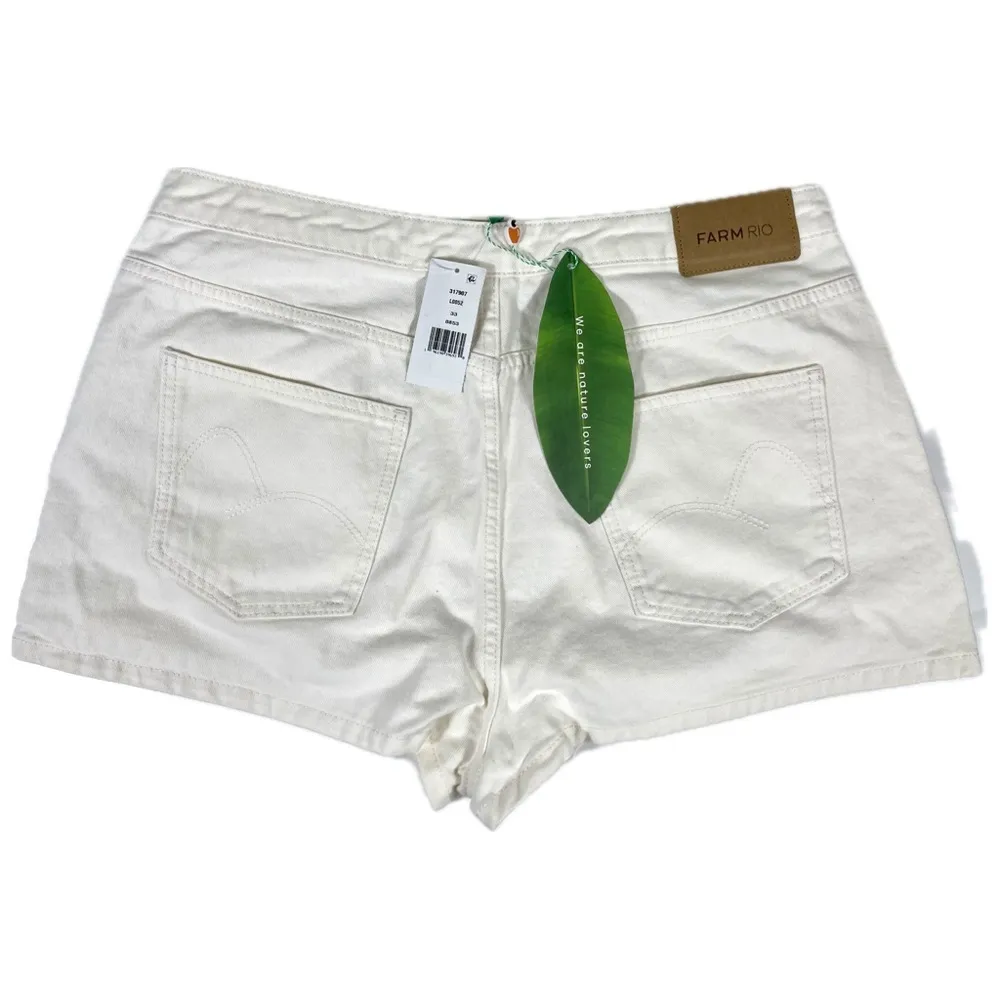 Farm Rio Crochet Detail Cotton Denim Shorts White Size 33 NWT - Image 4