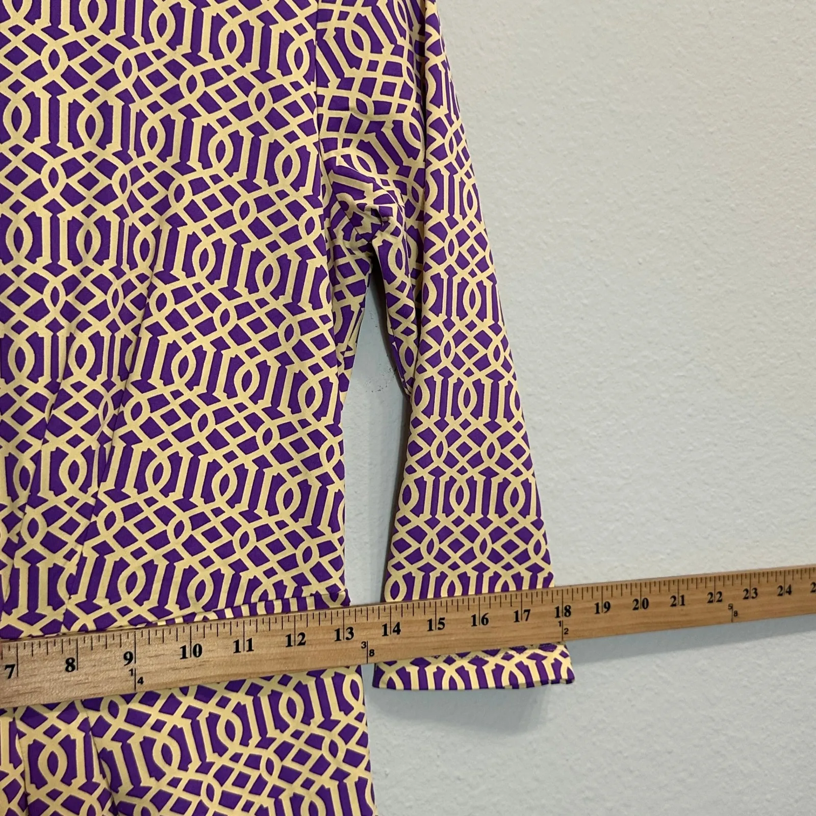 J. McLaughlin Catalina Cloth Sheath Dress 3/4 Sleeve Small Geometric PurpleCream - Image 11