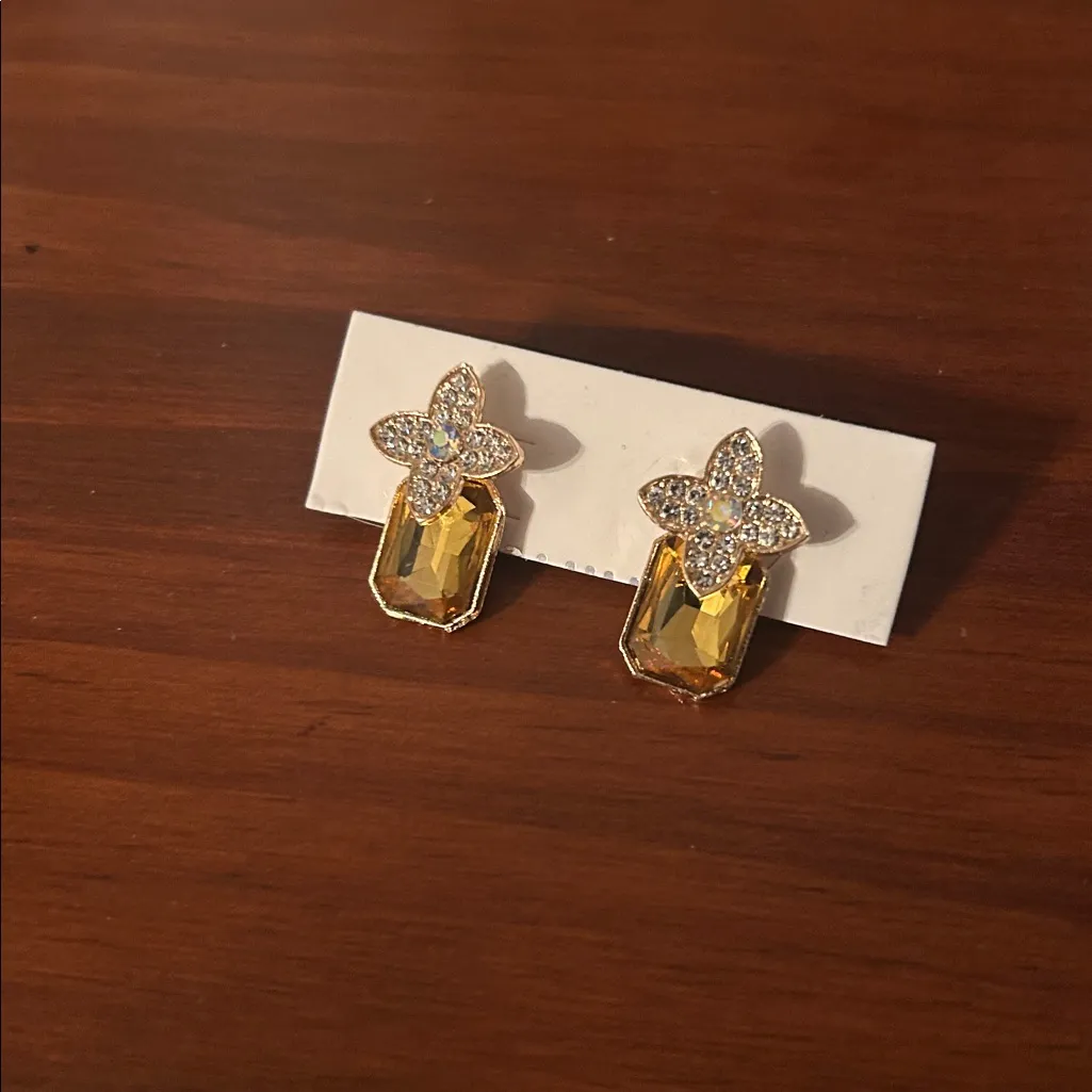 Gold Crystal Flower Drop Earrings with Yellow Gemstone | Sparkly Statement Studs - Image 5