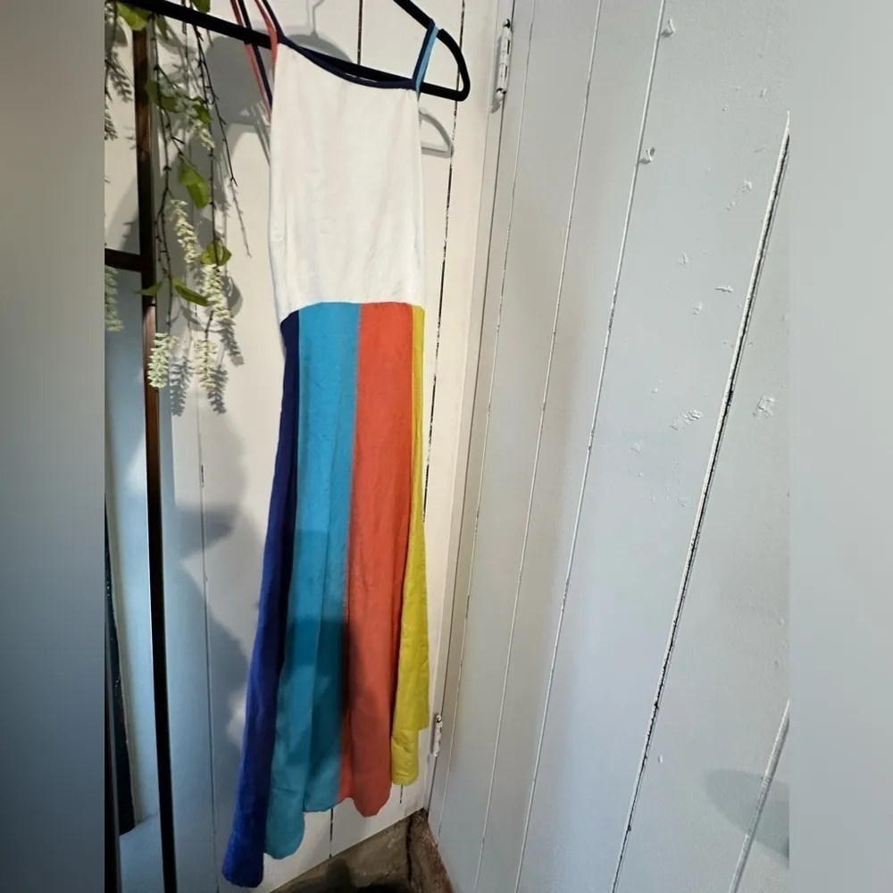 ANTHROPOLOGIE halter midi dress with white blue orange yellow stripes - Image 7