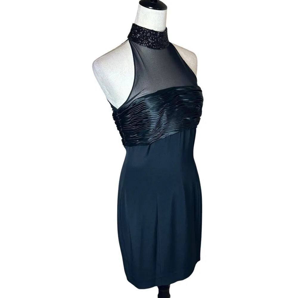 Black Tie Oleg Cassini Holiday Cocktail Dress 8 | Beaded Mesh Retro Glam LBD - Image 2