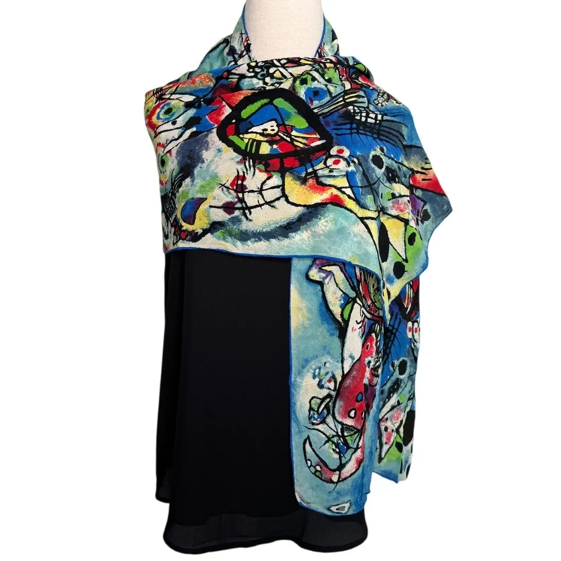 Kandinsky art print 100% silk rolled edge scarf wrap red blue black 16 x 60" - Image 5