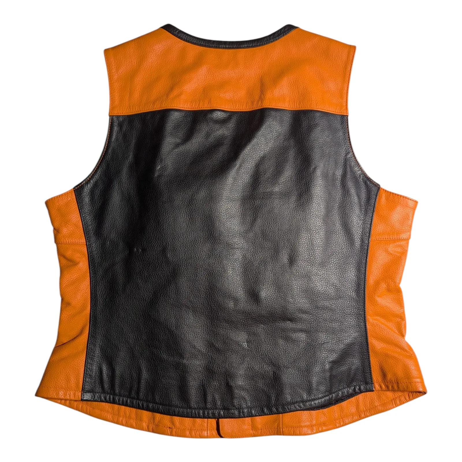 Vtg Y2K Harley Davidson Orange Black Wings Logo Leather Full Zip Fitted Vest L Size L - Image 2