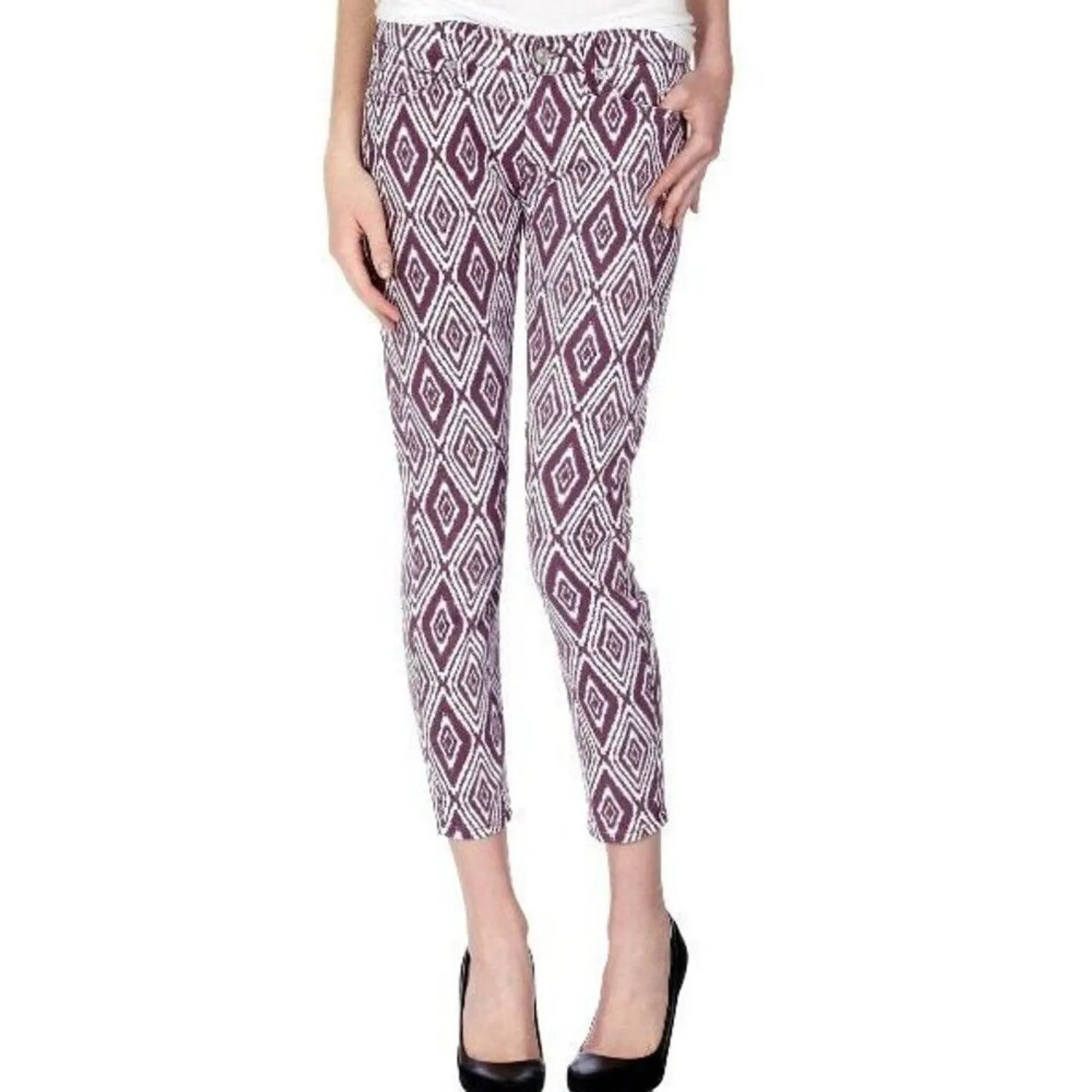 7 FOR ALL MANKIND Cropped Gwenevere JEANS Womens 27 Plum IKAT Print Ankle Skinny - Image 2