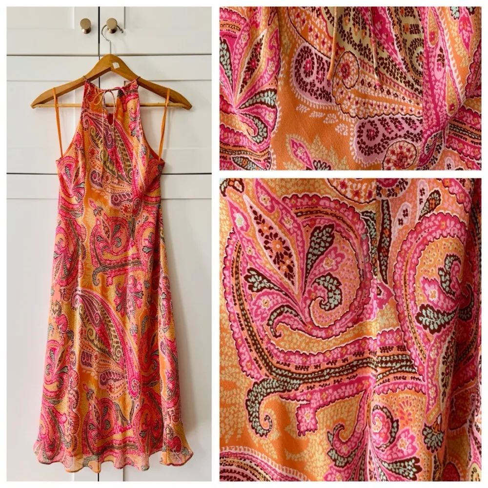 VTG Ann Taylor Silk Pink & Orange Paisley Print Slip Dress, Midi Length sz. 8P - Image 10