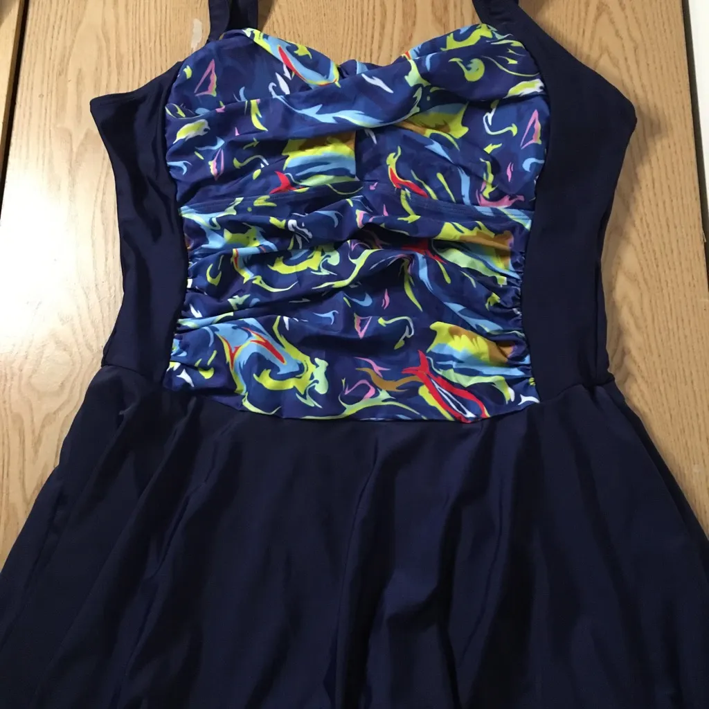 B44 New Women’s Ekouaer Swim Dress Ruched Front Navy Size XXLarge Blue - Image 7