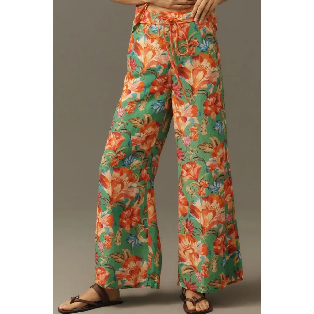 Farm Rio X Anthropologie Tie-Front Tropicart Floral Wide-Leg Pants Size S - Image 3