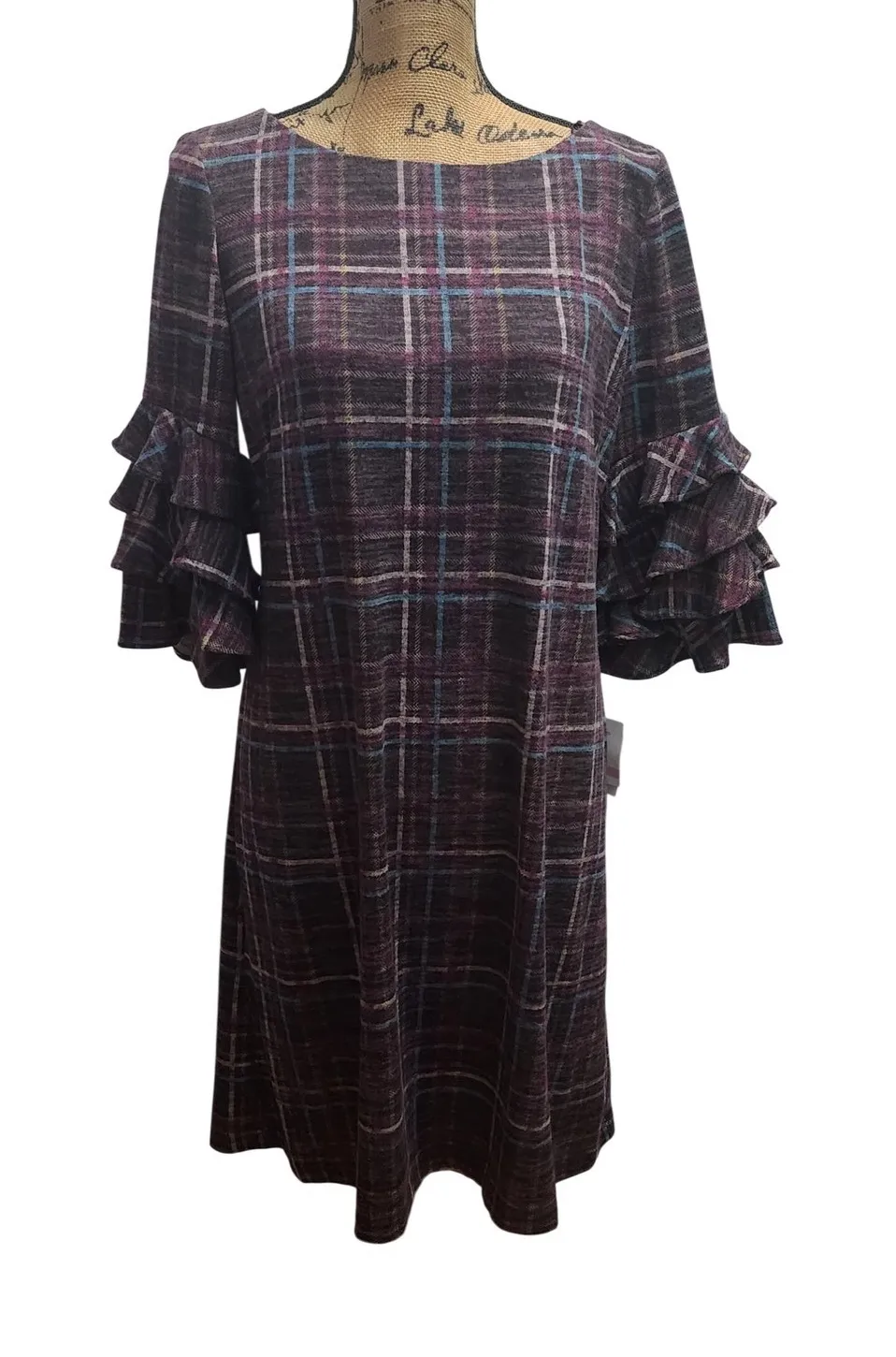 Gabby Skye Women's Size 10 Plum Teal Plaid Ruffle Sleeve Cozy Knit Dress - Image 1