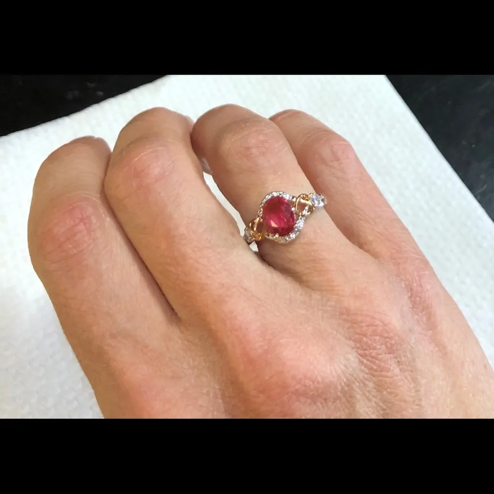 Ruby New Oval  CZ SilverTone&GoldFilled Ring S5 3/4 - Image 2