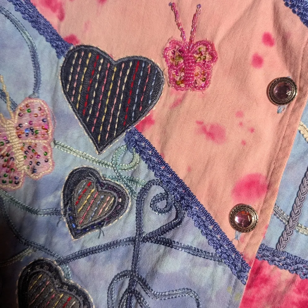 Vtg 1990s Breckenridge Blue Pink Heart Butterfly Applique Patchwork Jacket Sz S - Image 3