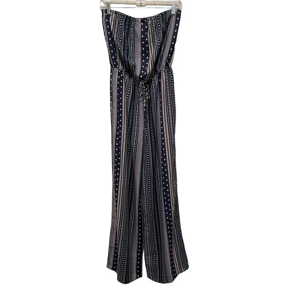Timing Boho Strapless Wide Leg Jumpsuit Navy Blue Size Small - Image 3