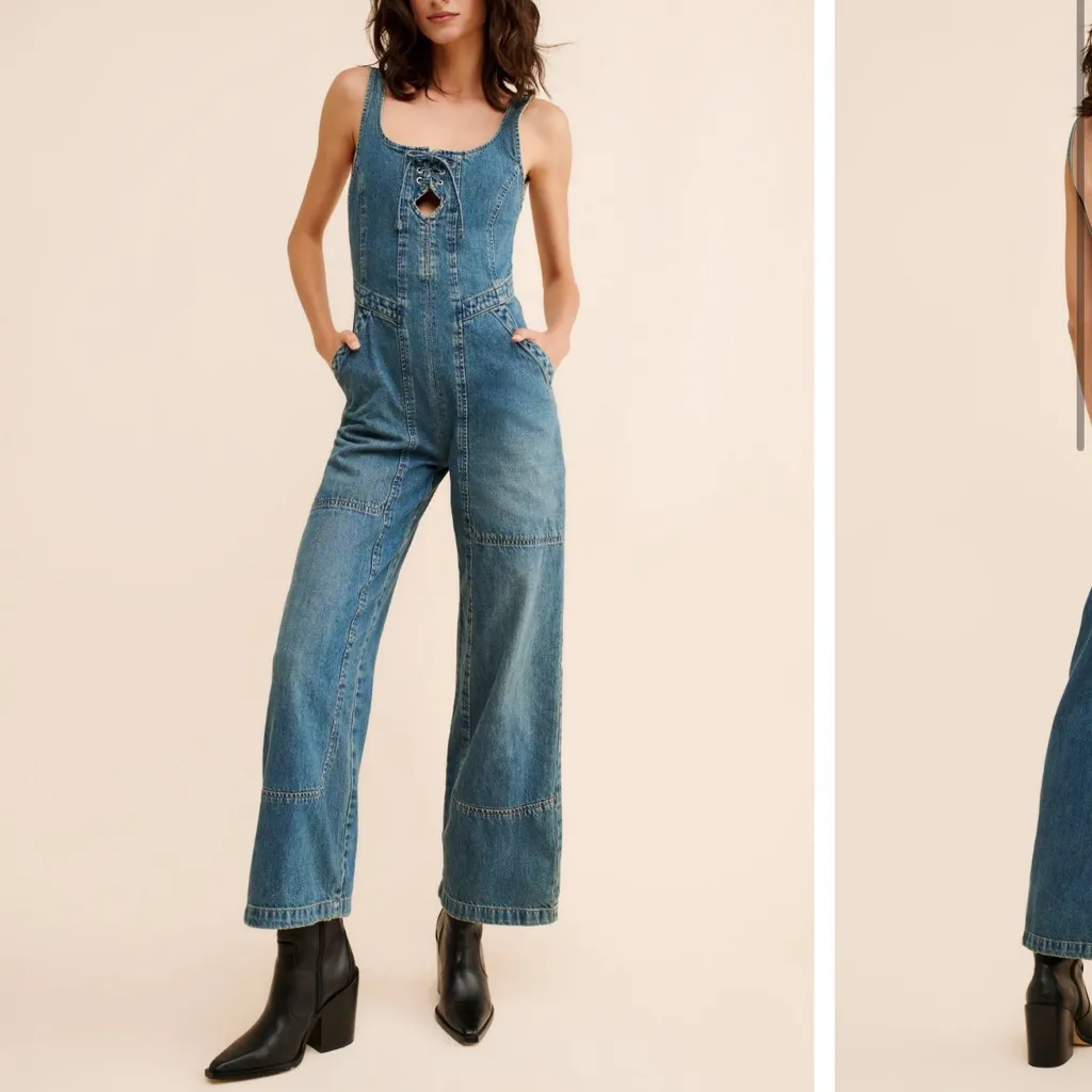 FREE PEOPLE WE THE FREE Denim Amina Wide-Leg One-Piece Jumpsuit Size Large NWT - Image 2