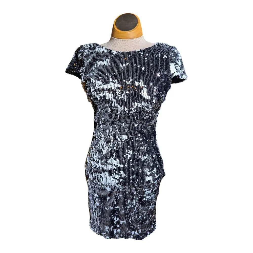 Dress the Population Tabitha Black White Flip Sequin Bodycon Mini Dress Sz S - Image 2