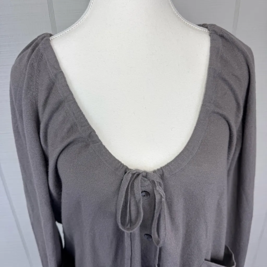 Demylee Gray Cashmere Button Up Cardigan Drawstring Tie Front Bow Scoop Neck L Size L - Image 2