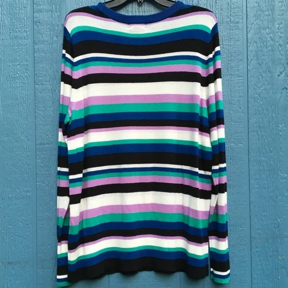 Halogen Freya Striped Crewneck Sweater XS Blue White Purple Button Long Sleeve - Image 5