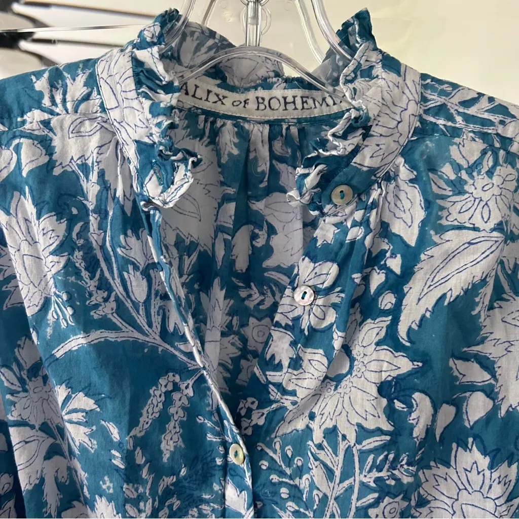 Alix of Bohemia Poet blouse turquoise floral block print ruffle collar Blue Size undefined - Image 6