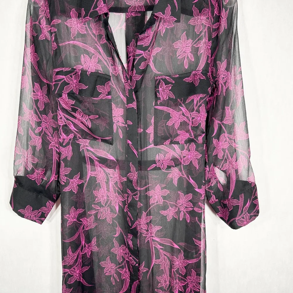 Vince Camuto XS Dress Semi Sheer Purple Black Floral Midi Button Down Belted 484 - Image 8