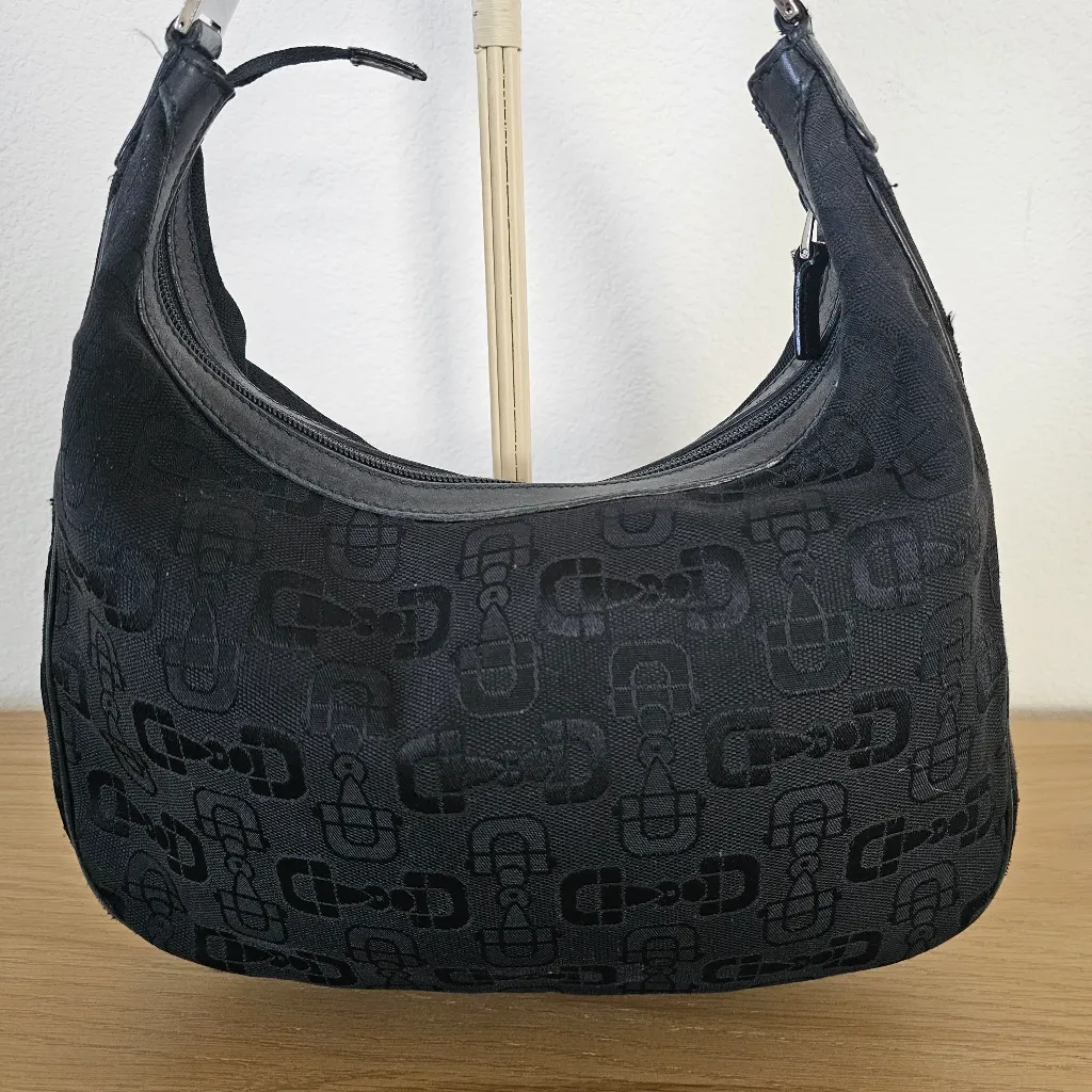 GUCCI Handbag Rare Horsebit Jacquard Canvas Black Green Stripe Bag purse - Image 3