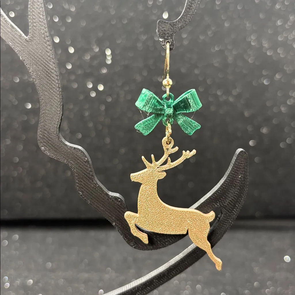 🦌 Reindeer Earrings with Green Bow & Gold Accents 💚 Brown - Image 3