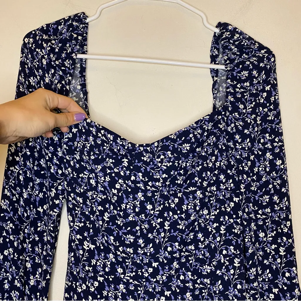 REFORMATION Mochi Floral Long Sleeve Sweetheart Mini Dress Blue/White Sz 4 Small - Image 6