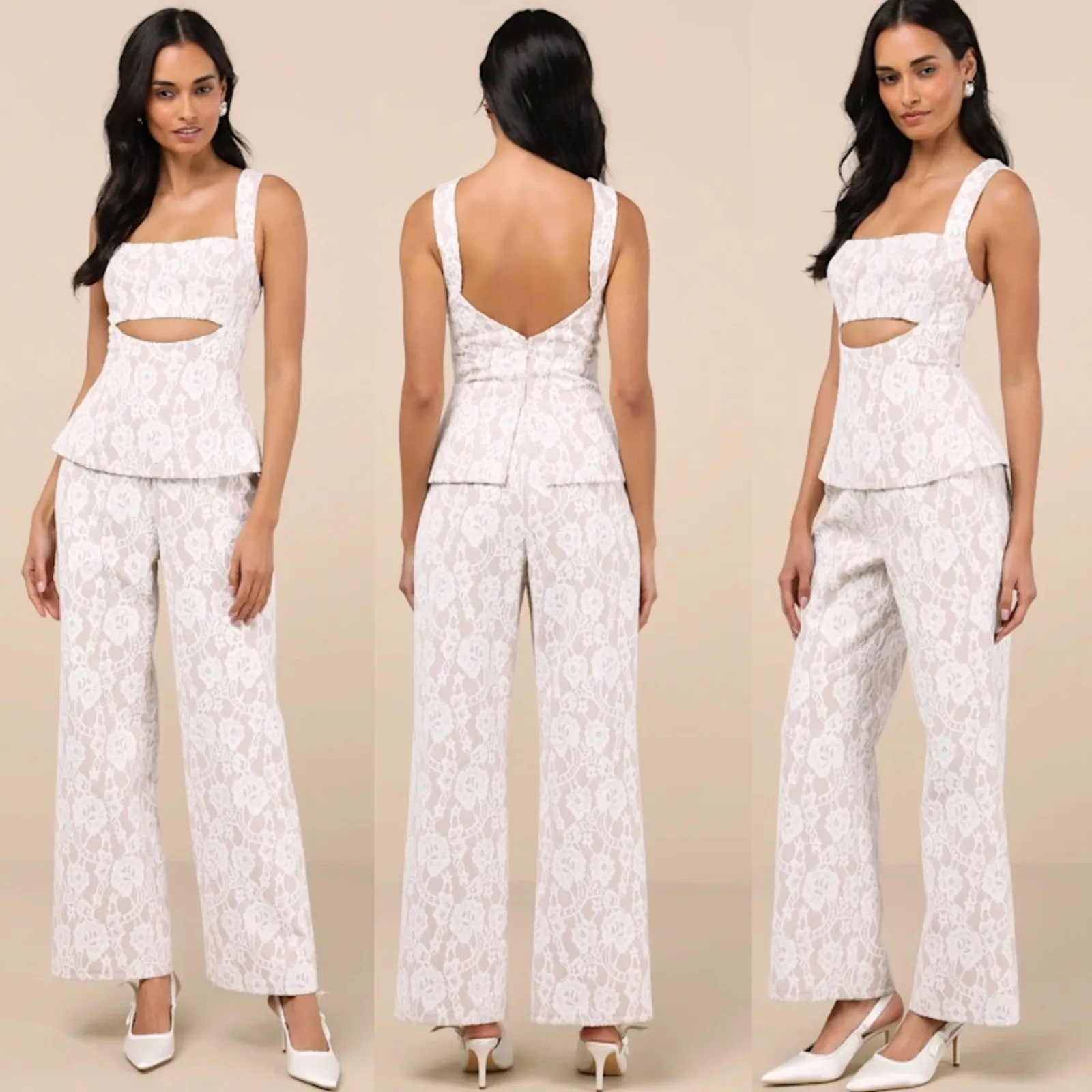 NWT Lulus Eillis White & Beige Lace Cutout Sleeveless Jumpsuit Party Size L - Image 1