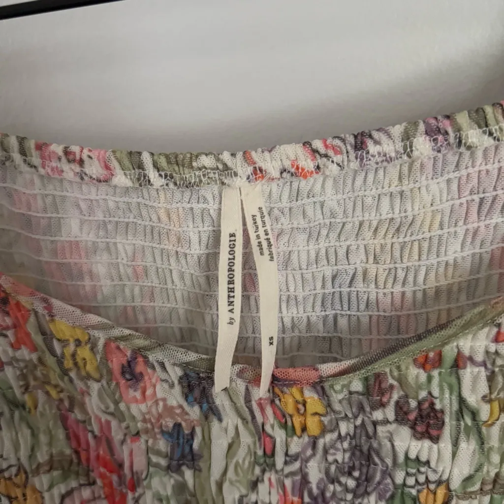 Anthropologie XS Aurelia Smock Top Floral Puff Short Sleeve Open Neck Cottage - Image 2