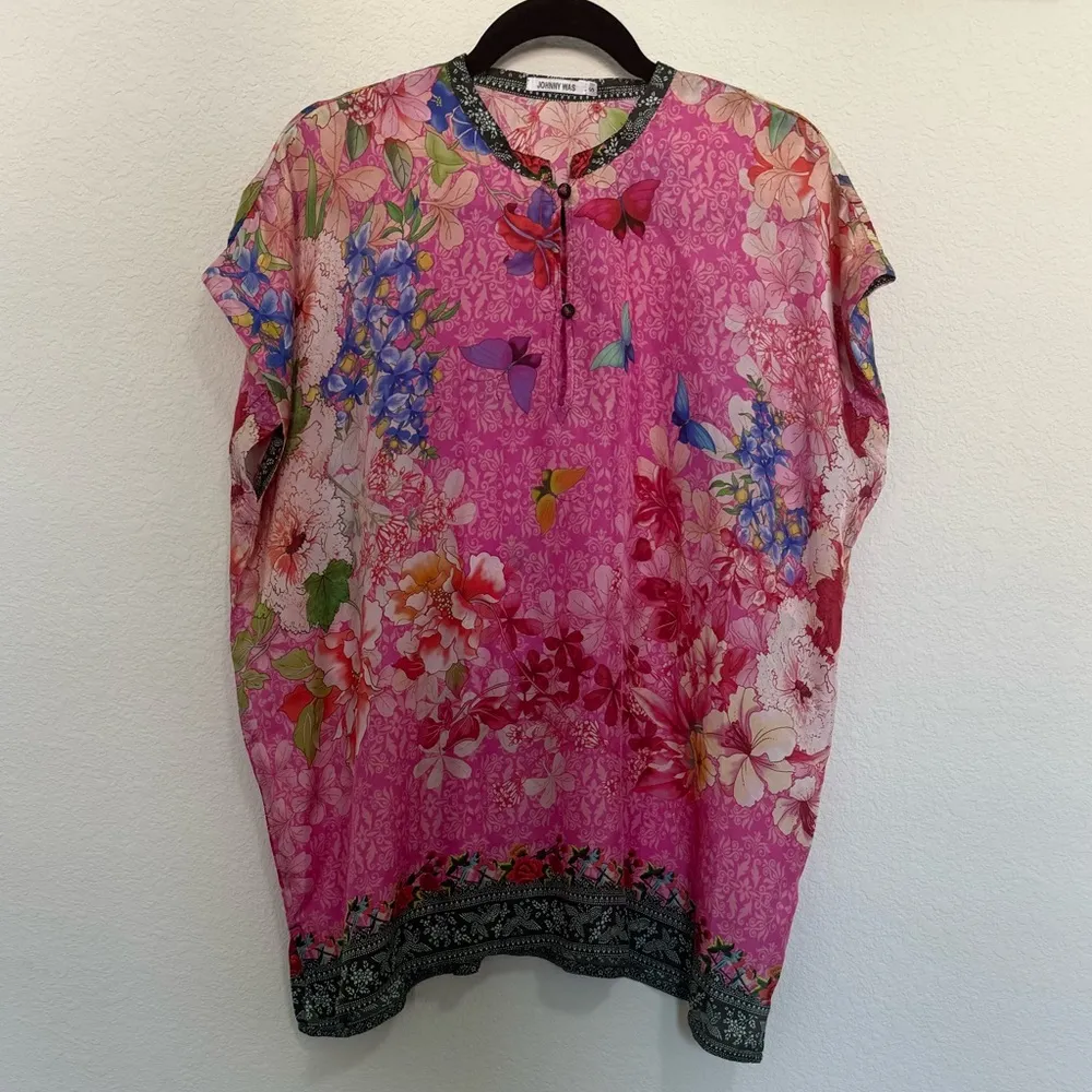 Johnny Was Bouquet Frame Parade Blouse Tunic Silk Pink Butterfly Floral Small - Image 3