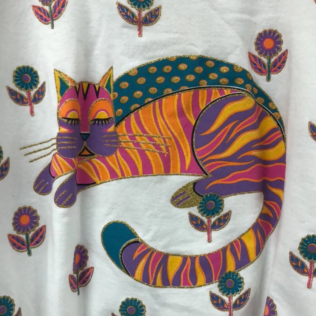 Vintage Art Paint all over cats and daisies gold colorful women’s sweatshirt‎ OS Pink Size L - Image 6