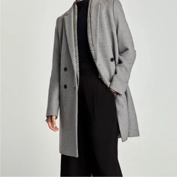 Zara Light Gray Wool Blend Long Pea Coat Xsmall Double Breasted Size XS - Image 15
