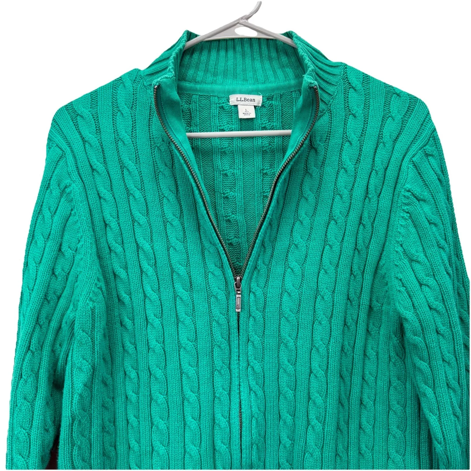 LL Bean Teal Mock Neck Full Zip Cable Cotton Cardigan Sweater Size LARGE PETITE Green - Image 4