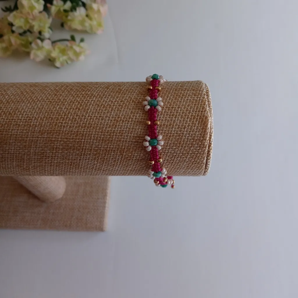 Bracelet Flower Hand Made Adjustable Pink - Image 6
