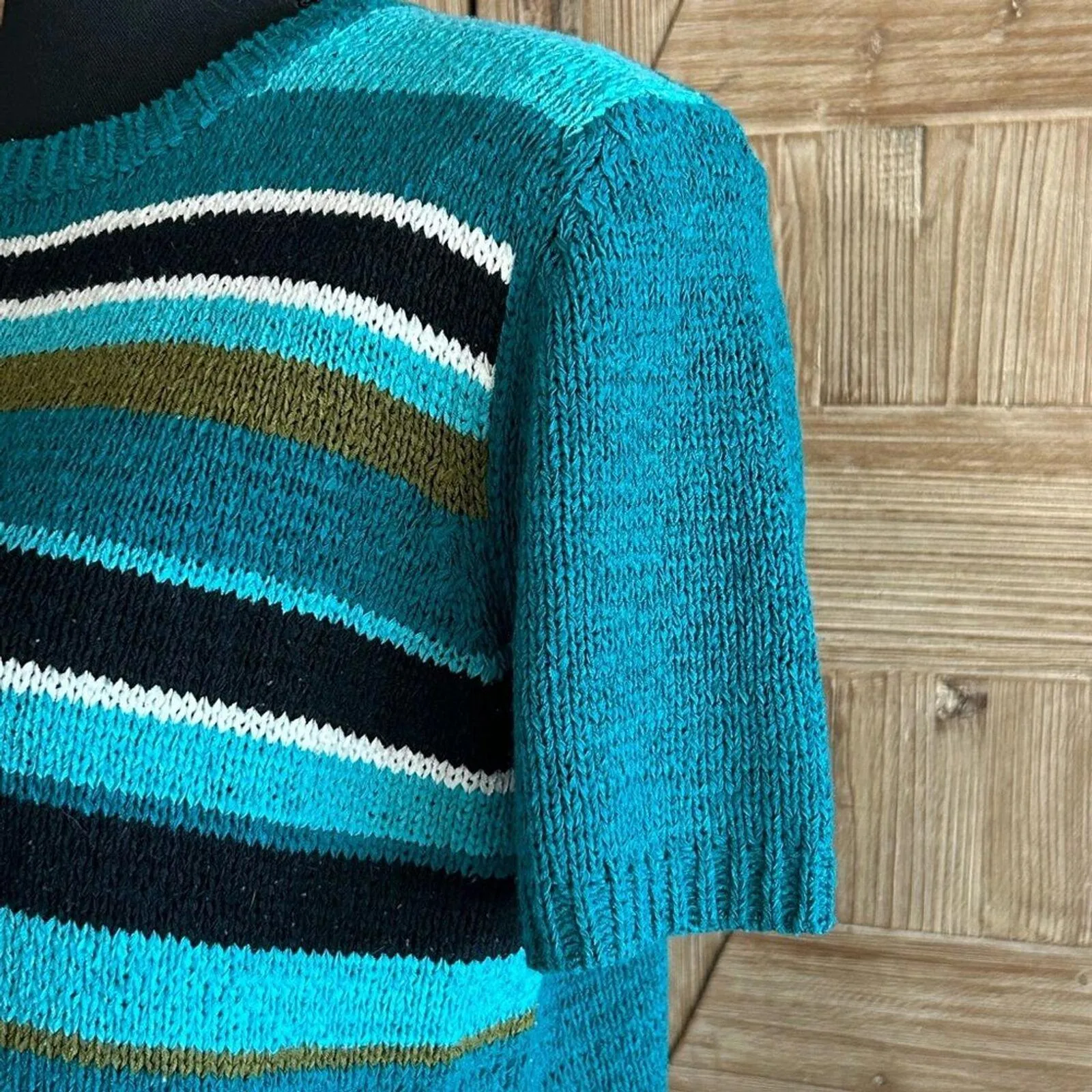 Alfred Dunner Womens Short Sleeve Knit Top PM Green Vintage Striped Sweater - Image 5