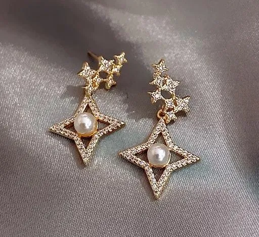 Crystal Pearl Beaded Stud Drop Earring Gold - Image 4