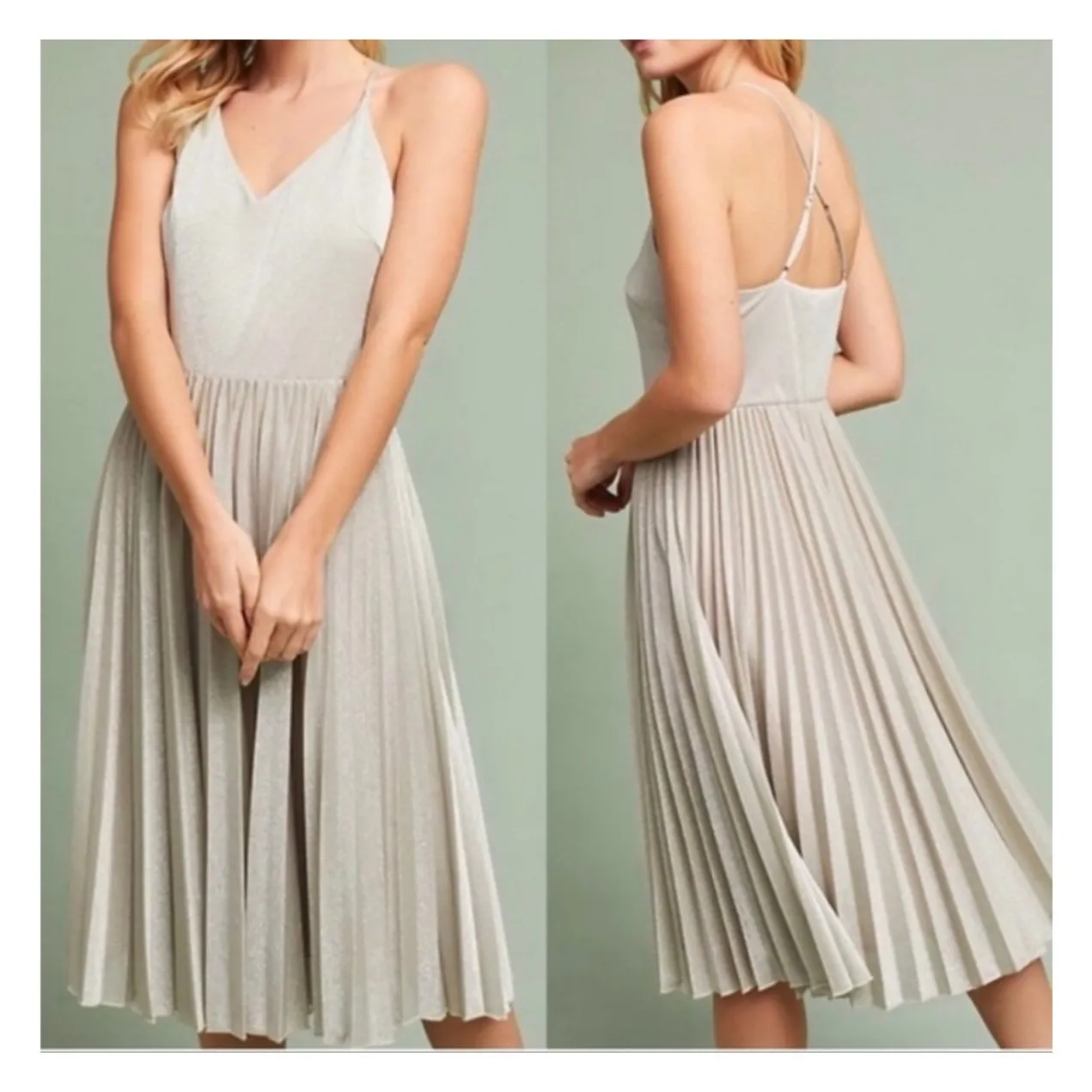 Anthropologie Elevenses Silver Lunar Midi Dress Size 0 Pleated Metallic Aline - Image 15