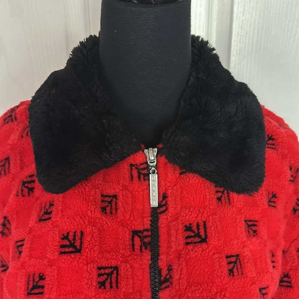 VTG RED & BLACK ZIP UP FAUX FUR FLEECE JACKET Size M - Image 4