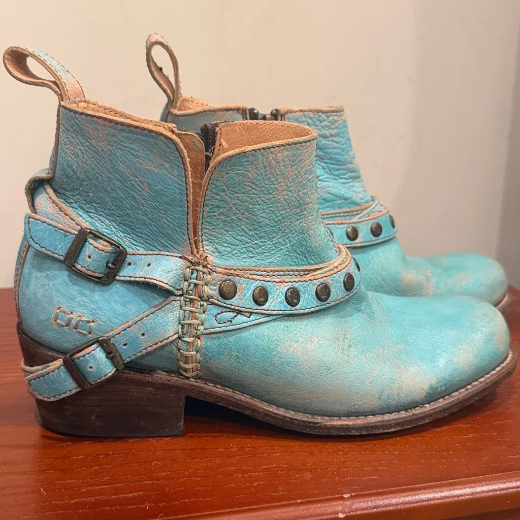 Bed Stu Cobbler Distressed Blue Moto Leather Booties Boots Size 9 - Image 2