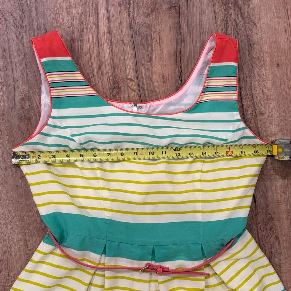 Tiana B Sleeveless Midi Striped Dress 10 Orange/Green/Yellow Fit & Flare Career - Image 2