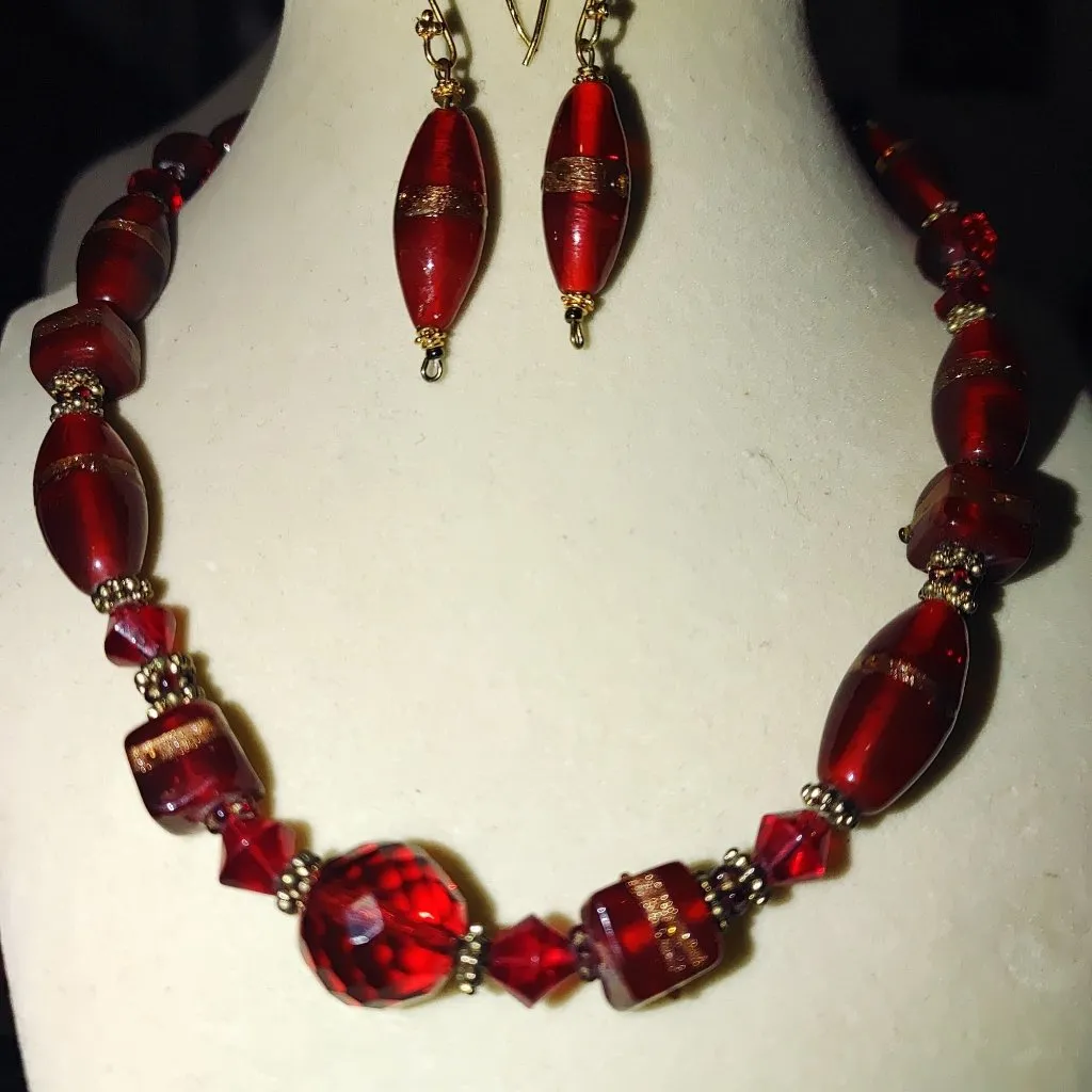 Red Murano Glass Necklace Earrings Vintage Set Gold Accents 17 Inch French Hook - Image 8