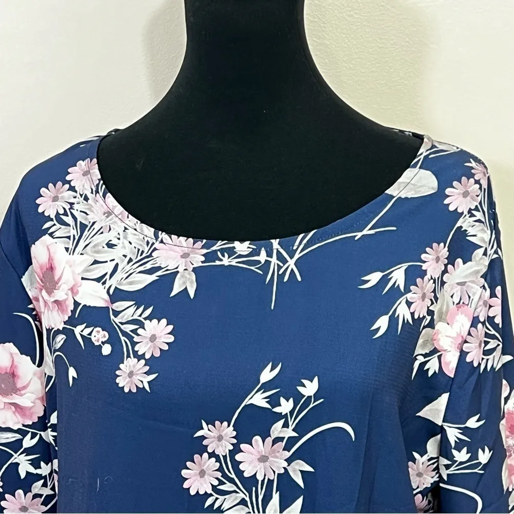 Women Long Sleeve Shirt Tunic Tops Flower Print Blouse Shirts Blue Pink Size XL - Image 4