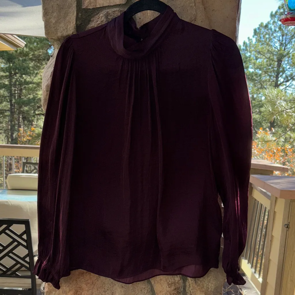 Naked Zebra MEDIUM Burgundy Purple Wine Silky Ruffle Long Sleeve Highneck Blouse - Image 14
