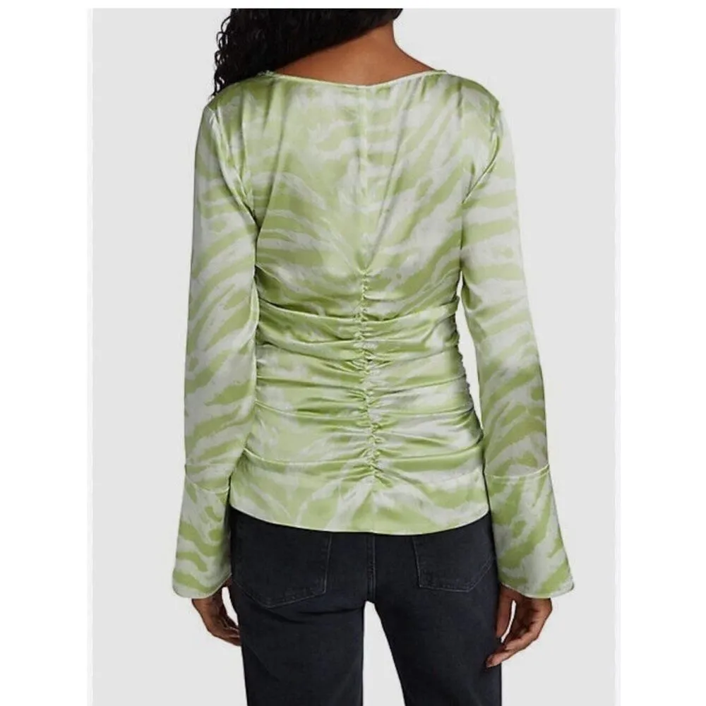Ganni Zebra Stripe Organic Silk Stretch Ruched Blouse Green 36/S Margarita - Image 4